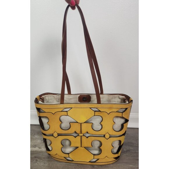 Tory Burch Ella Leather Cutout Logo Tote Bag In Yellow - Picture 1 of 8